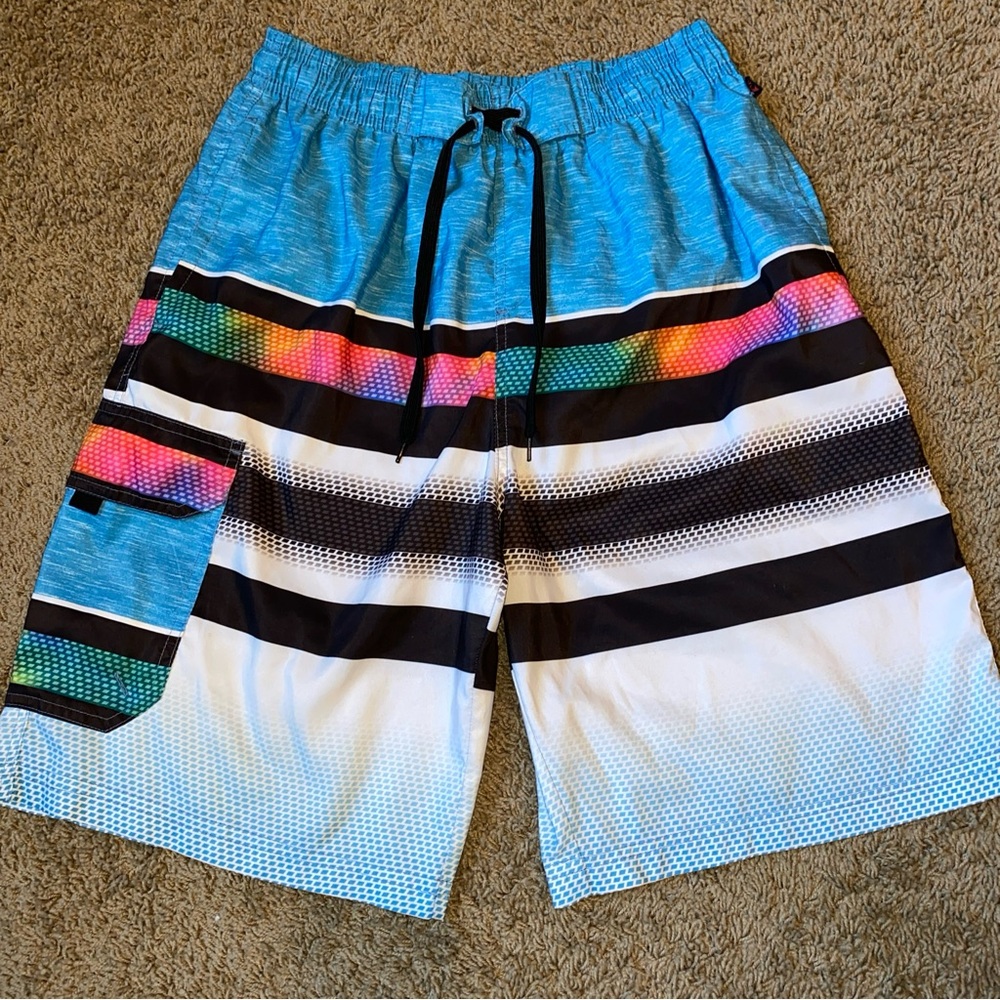 NBN Gear Swim Trunk Shorts Mens Size Medium Long Board Blue Striped 9”